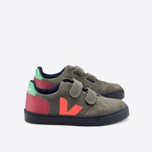 Veja V-12 Velcro Suede Kids Trainers Olive/Red UK 78587